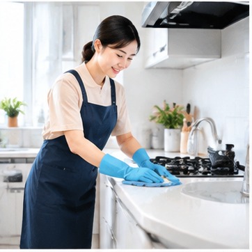 家政人员清洁明亮厨房示意
